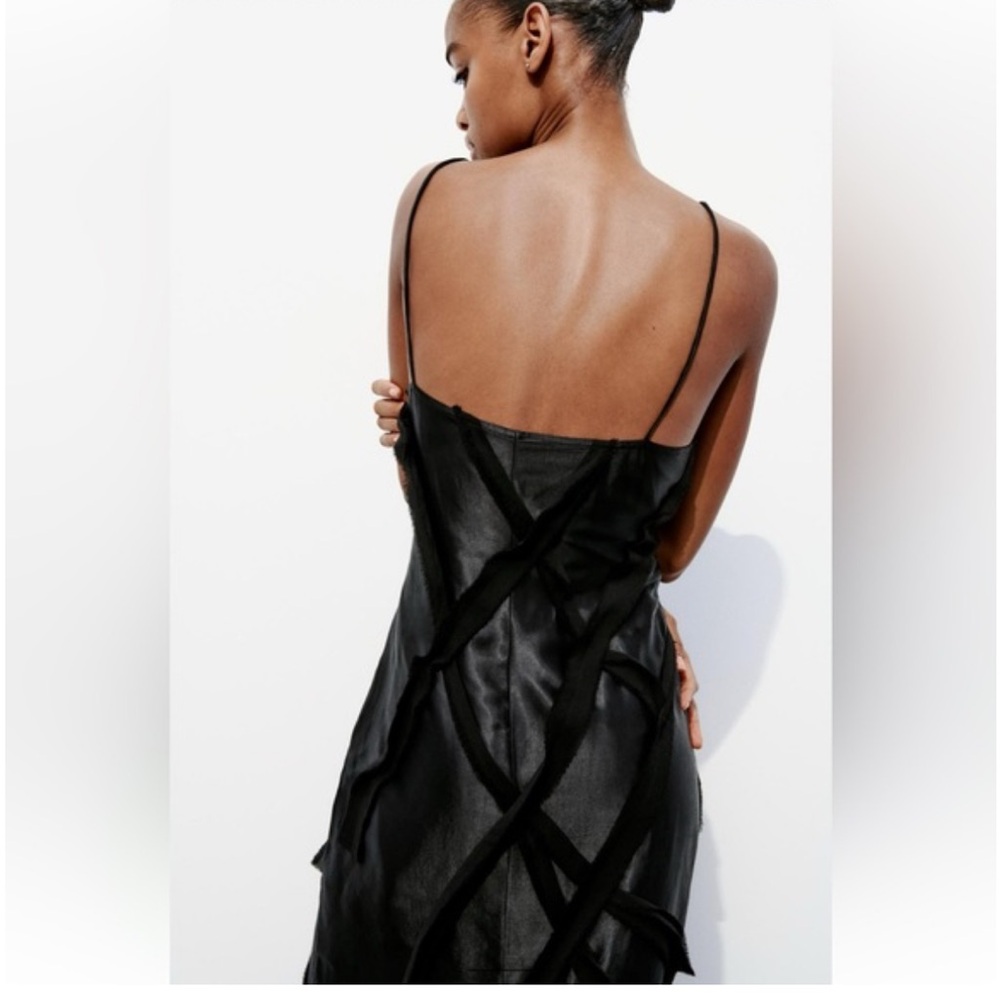 Zara NWT black satin & mesh floral appliqué slip maxi dress with spaghetti strap - Picture 7 of 12